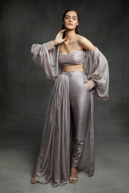 Masumi Mewawalla_Purple Dupion, Tabby Silk Sweetheart Neck Bishop Sleeve Crop Top And Pant Set _Online_at_Aza_Fashions