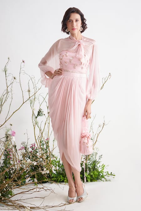 Masumi Mewawalla Pink Dupion Tunic Round Crop Top Sweetheart And Draped Skirt Set  