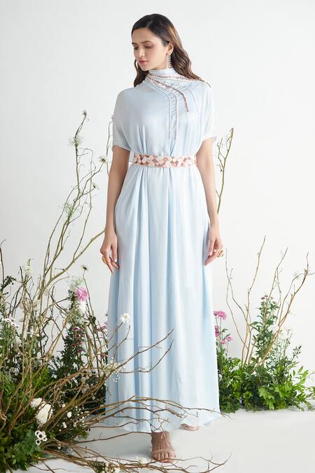 Masumi Mewawalla Blue Shantoon, Satin Georgette Round Embellished Kaftan With Belt Online at Aza Fashions Masumi Mewawalla_Blue Shantoon, Satin Georgette Round Embellished Kaftan With Belt _Online_at_Aza_Fashions