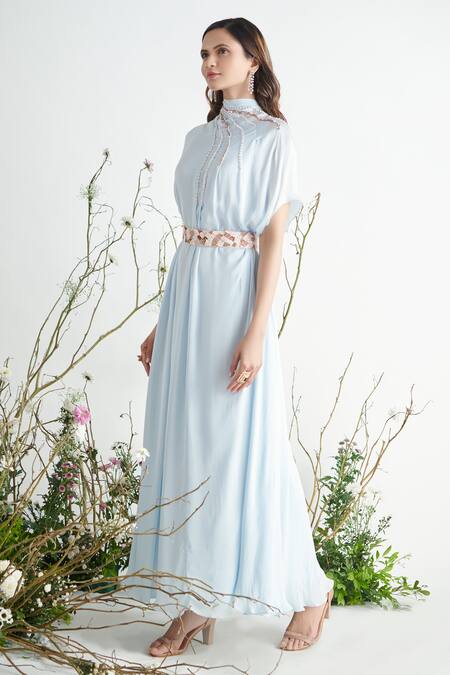 Buy Masumi Mewawalla Blue Shantoon, Satin Georgette Round Embellished Kaftan With Belt Online at Aza Fashions Buy_Masumi Mewawalla_Blue Shantoon, Satin Georgette Round Embellished Kaftan With Belt _Online_at_Aza_Fashions