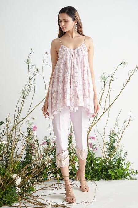 Masumi Mewawalla_Purple Shantoon, Dupion, Habutai V Neck Flared Top And Pant Set_Online_at_Aza_Fashions