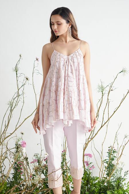 Shop_Masumi Mewawalla_Purple Shantoon, Dupion, Habutai V Neck Flared Top And Pant Set_Online_at_Aza_Fashions