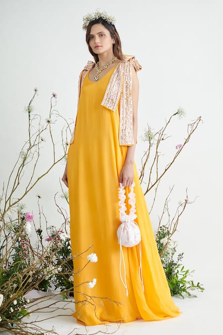 Buy SASSAFRAS Yellow Womens Square Neck Self Pattern Maxi Dress | Shoppers  Stop