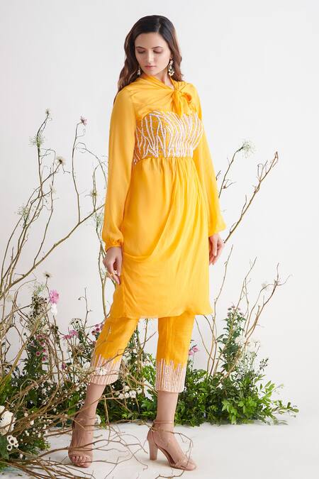 Masumi Mewawalla_Yellow Shantoon, Tabby Silk Tunic Round Crop Top Sweetheart Short And Pant Set_Online_at_Aza_Fashions