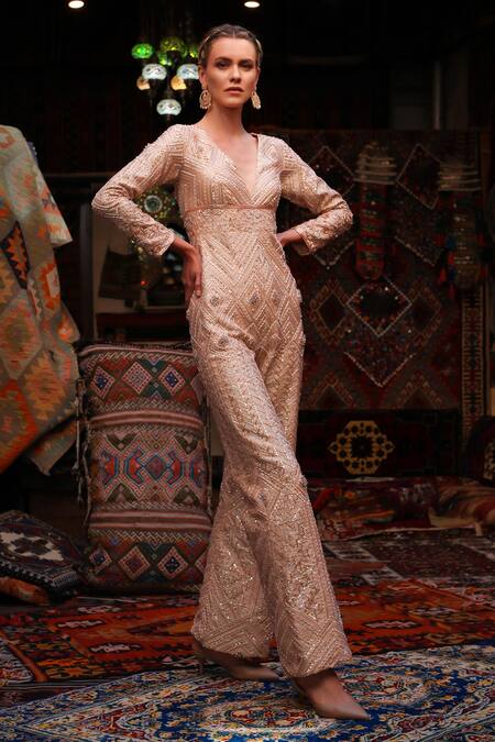 Masumi Mewawalla_Gold Dupion Embroidery V Neck Embellished Jumpsuit  _Online_at_Aza_Fashions
