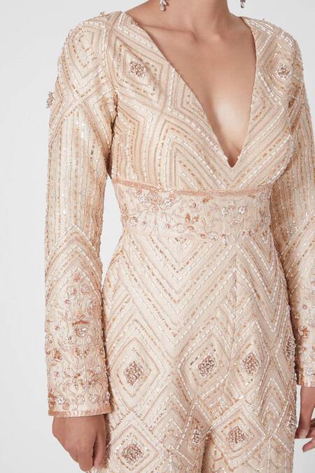 Masumi Mewawalla_Gold Dupion Embroidery V Neck Embellished Jumpsuit  _at_Aza_Fashions