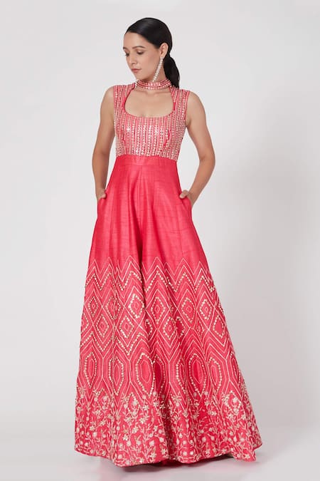 Masumi Mewawalla_Pink Dupion Embroidery Round Jumpsuit  _Online_at_Aza_Fashions