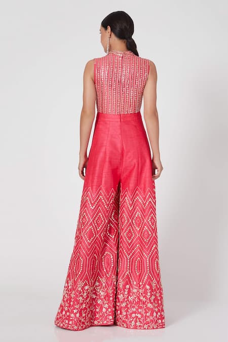 Shop_Masumi Mewawalla_Pink Dupion Embroidery Round Jumpsuit  _at_Aza_Fashions