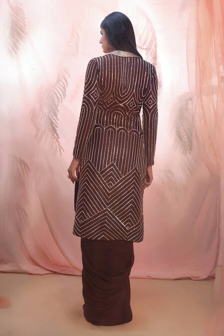 Shop_Masumi Mewawalla_Maroon Silk, Crepe V Neck Embroidered Kurta And Dhoti Pant Set _at_Aza_Fashions