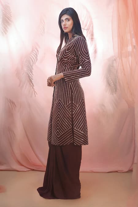 Masumi Mewawalla_Maroon Silk, Crepe V Neck Embroidered Kurta And Dhoti Pant Set _Online_at_Aza_Fashions