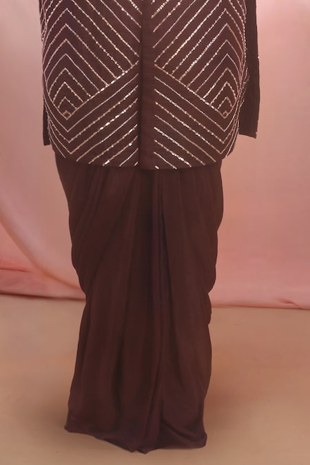 Shop_Masumi Mewawalla_Maroon Silk, Crepe V Neck Embroidered Kurta And Dhoti Pant Set _Online_at_Aza_Fashions