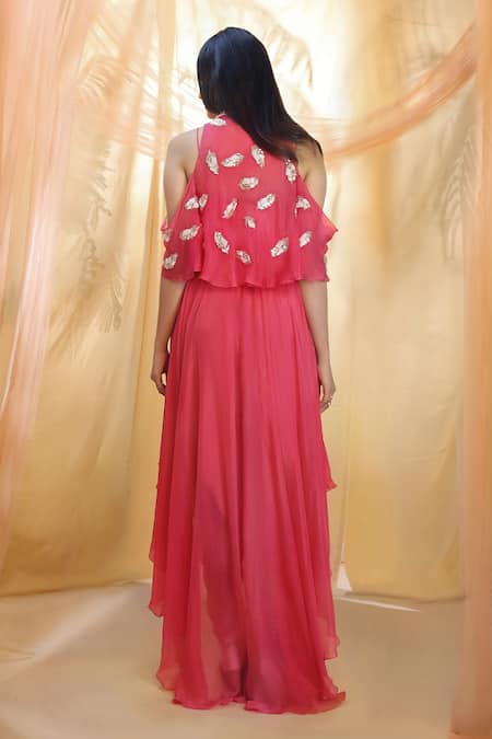 Shop_Masumi Mewawalla_Pink , Tabi Cape Round Bustier Embroidered And Dhoti Pant Set _at_Aza_Fashions