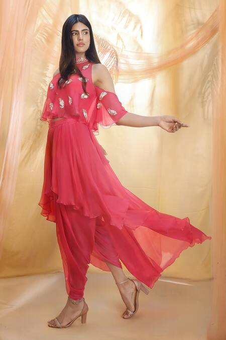 Masumi Mewawalla_Pink , Tabi Cape Round Bustier Embroidered And Dhoti Pant Set _Online_at_Aza_Fashions