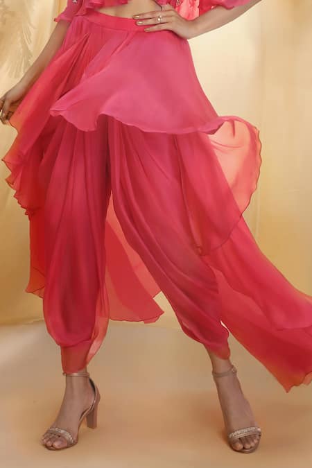Shop_Masumi Mewawalla_Pink , Tabi Cape Round Bustier Embroidered And Dhoti Pant Set _Online_at_Aza_Fashions