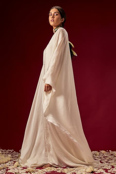 Masumi Mewawalla_White Satin Organza V Neck Kaftan _Online_at_Aza_Fashions
