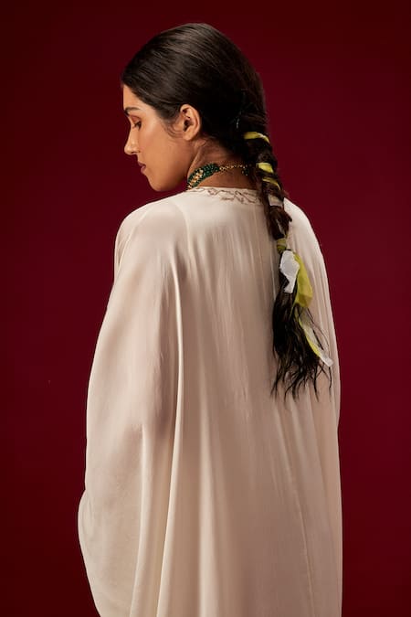 Buy_Masumi Mewawalla_White Satin Organza V Neck Kaftan _Online_at_Aza_Fashions