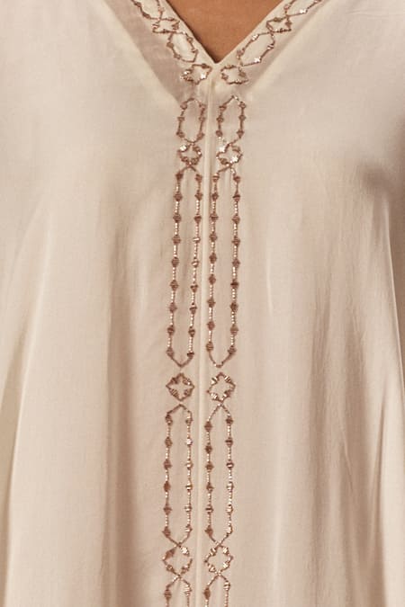 Shop_Masumi Mewawalla_White Satin Organza V Neck Kaftan _Online_at_Aza_Fashions