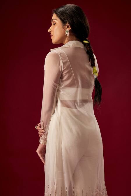 Shop Masumi Mewawalla White Organza, Dupion Silk V Neck Jacket And Pant Set at Aza Fashions Shop_Masumi Mewawalla_White Organza, Dupion Silk V Neck Jacket And Pant Set_at_Aza_Fashions