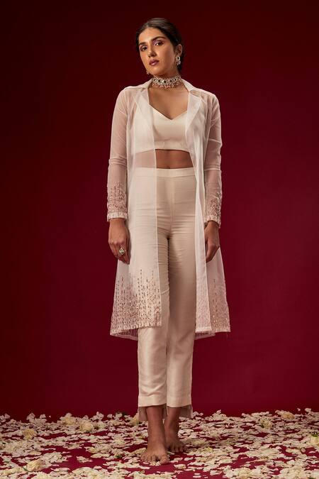 Buy Masumi Mewawalla White Organza, Dupion Silk V Neck Jacket And Pant Set Online at Aza Fashions Buy_Masumi Mewawalla_White Organza, Dupion Silk V Neck Jacket And Pant Set_Online_at_Aza_Fashions