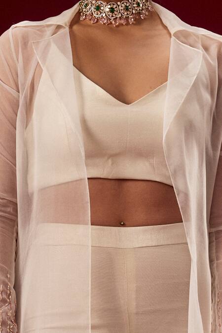 Masumi Mewawalla White Organza, Dupion Silk V Neck Jacket And Pant Set at Aza Fashions Masumi Mewawalla_White Organza, Dupion Silk V Neck Jacket And Pant Set_at_Aza_Fashions