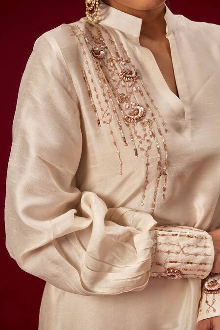 Buy_Masumi Mewawalla_White Organza, Dupion Silk Mandarin Collar Embroidered Kurta And Pant Set_Online_at_Aza_Fashions