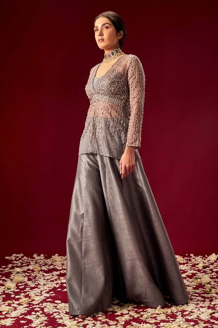Shop_Masumi Mewawalla_Grey Dupion Silk Embroidery V Neck Organza Top And Pant Set  _at_Aza_Fashions