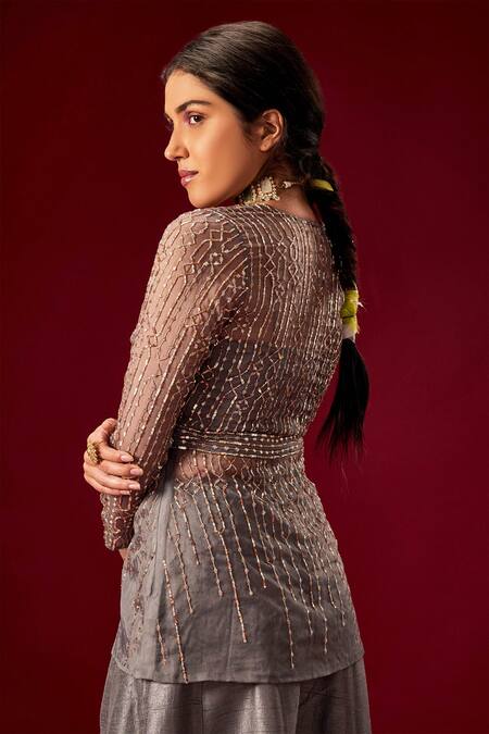 Buy_Masumi Mewawalla_Grey Dupion Silk Embroidery V Neck Organza Top And Pant Set  _Online_at_Aza_Fashions