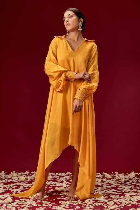 Masumi Mewawalla_Yellow Satin Organza Spread Collar Asymmetric Kurta _Online_at_Aza_Fashions