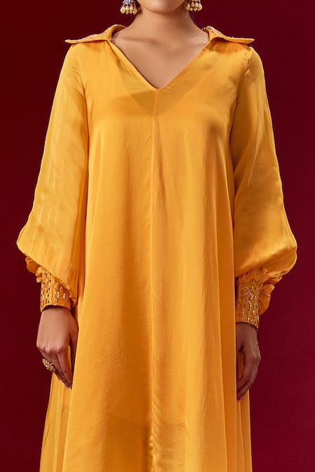 Shop_Masumi Mewawalla_Yellow Satin Organza Spread Collar Asymmetric Kurta _Online_at_Aza_Fashions