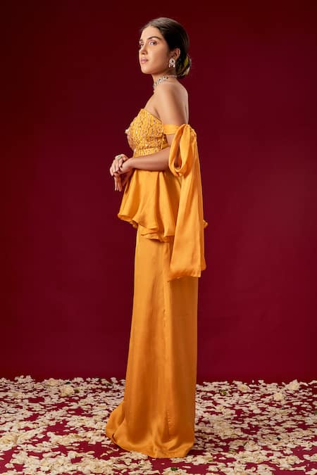 Masumi Mewawalla_Yellow Satin Organza Sweetheart Neck Top And Pant Set_Online_at_Aza_Fashions