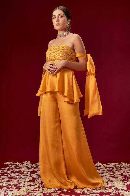 Buy_Masumi Mewawalla_Yellow Satin Organza Sweetheart Neck Top And Pant Set_Online_at_Aza_Fashions