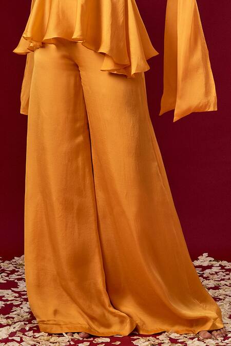 Shop_Masumi Mewawalla_Yellow Satin Organza Sweetheart Neck Top And Pant Set_Online_at_Aza_Fashions