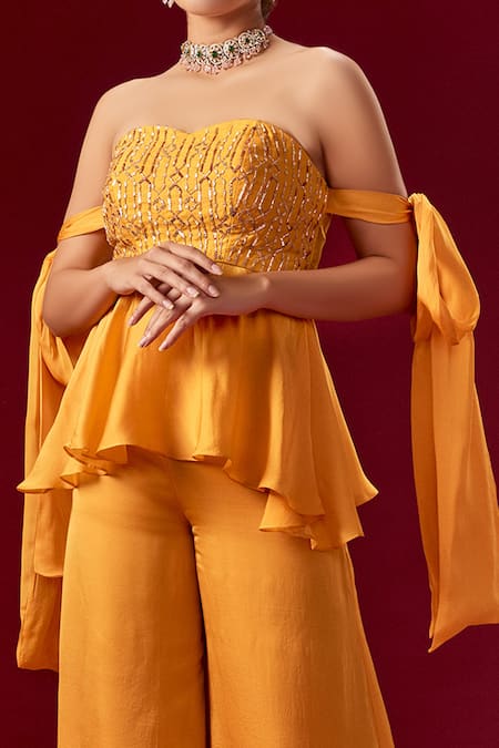 Masumi Mewawalla_Yellow Satin Organza Sweetheart Neck Top And Pant Set_at_Aza_Fashions