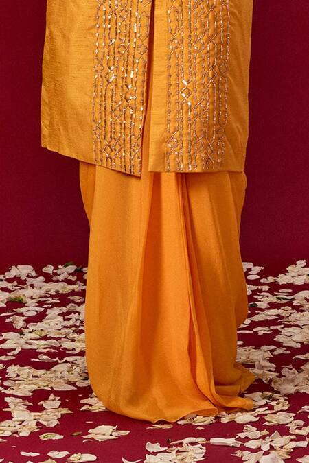 Masumi Mewawalla_Yellow Crepe, Dupion Silk V Neck Jacket Kurta And Dhoti Skirt Set_Online_at_Aza_Fashions