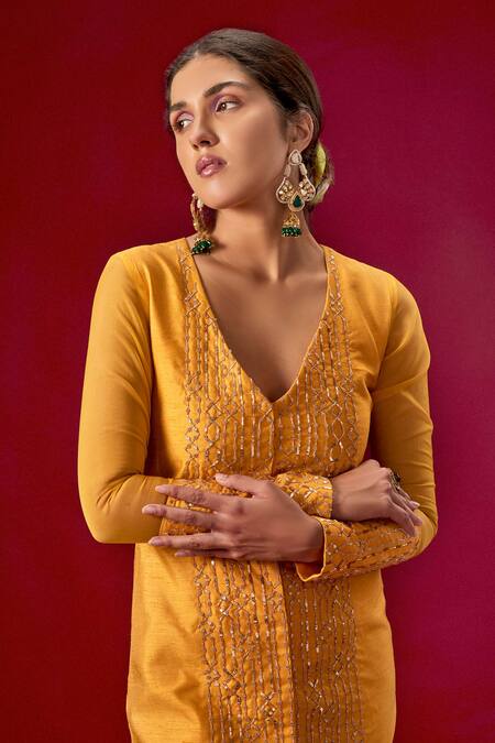Buy_Masumi Mewawalla_Yellow Crepe, Dupion Silk V Neck Jacket Kurta And Dhoti Skirt Set_Online_at_Aza_Fashions