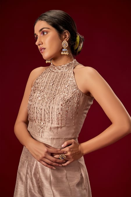 Masumi Mewawalla_Purple Dupion Silk Halter Flared Jumpsuit _Online_at_Aza_Fashions