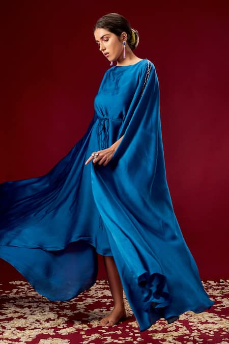 Masumi Mewawalla_Blue Satin Organza Halter Draped Kaftan Dress _Online_at_Aza_Fashions