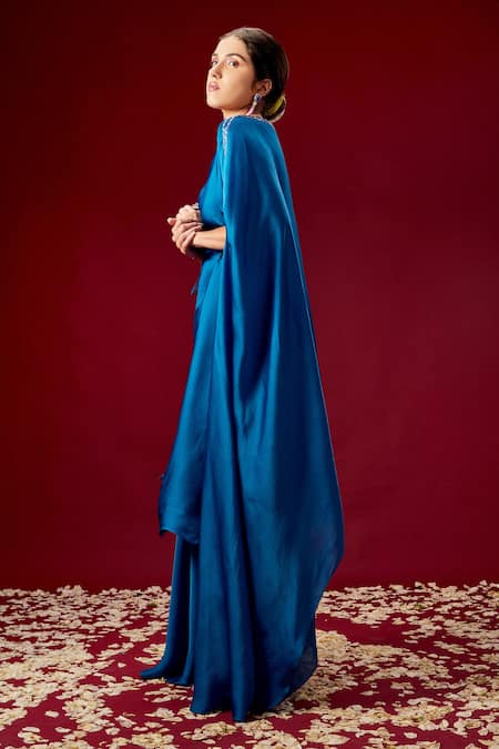 Buy_Masumi Mewawalla_Blue Satin Organza Halter Draped Kaftan Dress _Online_at_Aza_Fashions