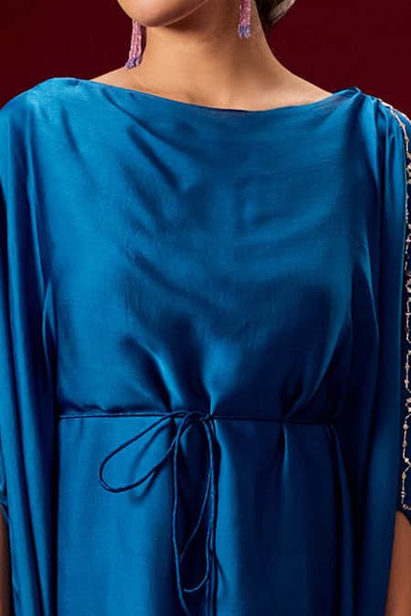 Shop_Masumi Mewawalla_Blue Satin Organza Halter Draped Kaftan Dress _Online_at_Aza_Fashions