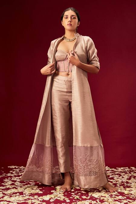 Masumi Mewawalla Purple Organza, Dupion Silk Sweetheart Neck Panelled Jacket And Pant Set Online at Aza Fashions Masumi Mewawalla_Purple Organza, Dupion Silk Sweetheart Neck Panelled Jacket And Pant Set _Online_at_Aza_Fashions
