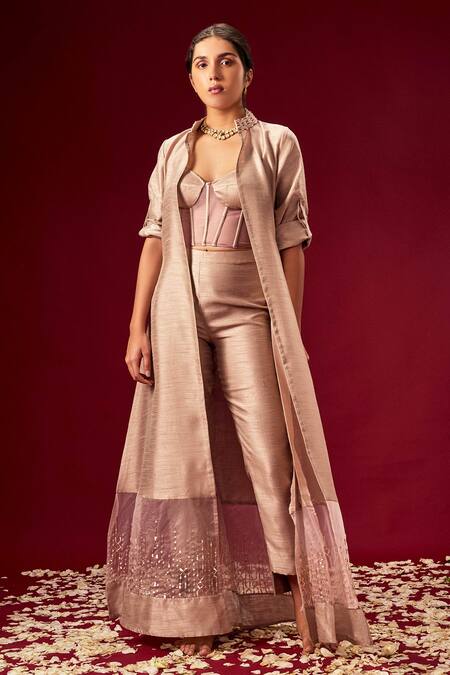 Buy Masumi Mewawalla Purple Organza, Dupion Silk Sweetheart Neck Panelled Jacket And Pant Set Online at Aza Fashions Buy_Masumi Mewawalla_Purple Organza, Dupion Silk Sweetheart Neck Panelled Jacket And Pant Set _Online_at_Aza_Fashions