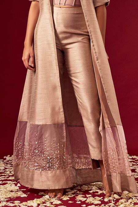 Shop Masumi Mewawalla Purple Organza, Dupion Silk Sweetheart Neck Panelled Jacket And Pant Set Online at Aza Fashions Shop_Masumi Mewawalla_Purple Organza, Dupion Silk Sweetheart Neck Panelled Jacket And Pant Set _Online_at_Aza_Fashions