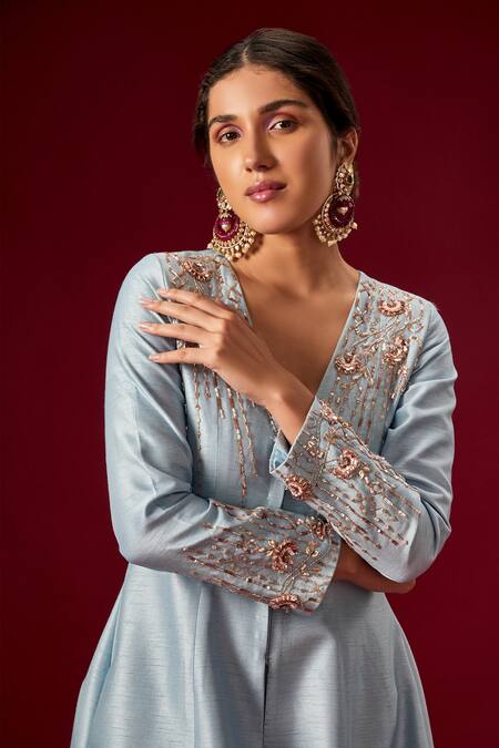 Buy_Masumi Mewawalla_Blue Dupion Silk V Neck Embroidered Jacket And Pant Set_Online_at_Aza_Fashions