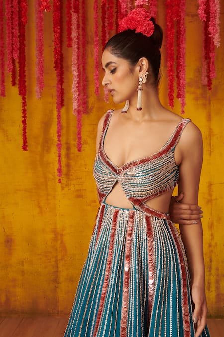 Shop_Masumi Mewawalla_Blue Satin Organza Bead Work, Cutdana Work, Sequins V Embroidered Cutout Gown_Online_at_Aza_Fashions