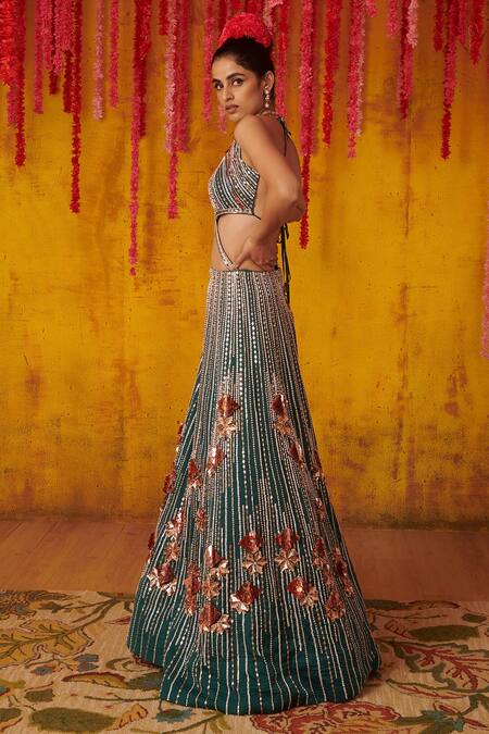 Shop_Masumi Mewawalla_Green Satin Organza Bead Work, Cutdana Work, Sequins Embroidered Cutout Jumpsuit_at_Aza_Fashions