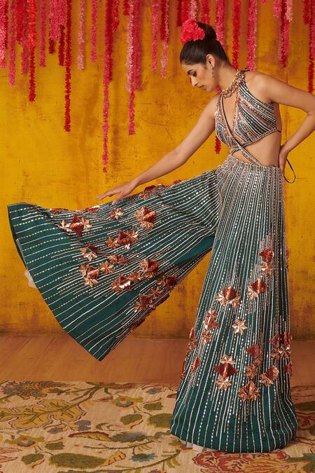 Masumi Mewawalla_Green Satin Organza Bead Work, Cutdana Work, Sequins Embroidered Cutout Jumpsuit_Online_at_Aza_Fashions