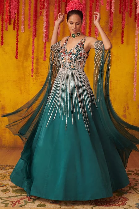 Masumi Mewawalla Blue Satin Organza Hand Embroidered Sequins V Gown With Draped Sleeves  