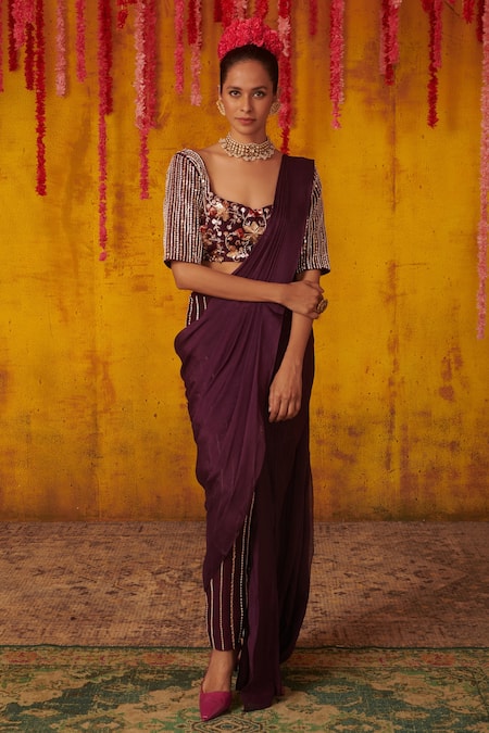 Masumi Mewawalla_Purple Silk Bead Work, Cutdana Work, Embroidered Pre-draped Pant Saree Set _Online_at_Aza_Fashions