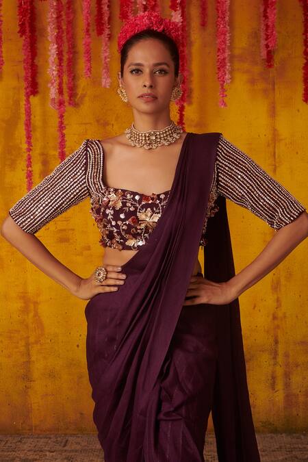Buy_Masumi Mewawalla_Purple Silk Bead Work, Cutdana Work, Embroidered Pre-draped Pant Saree Set _Online_at_Aza_Fashions