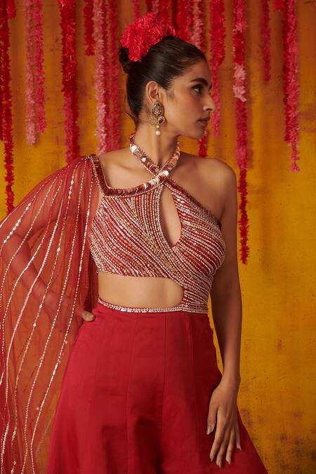 Masumi Mewawalla_Red Net, Satin Organza Bead Work, Cutdana Work, Embroidered Draped Jumpsuit_Online_at_Aza_Fashions